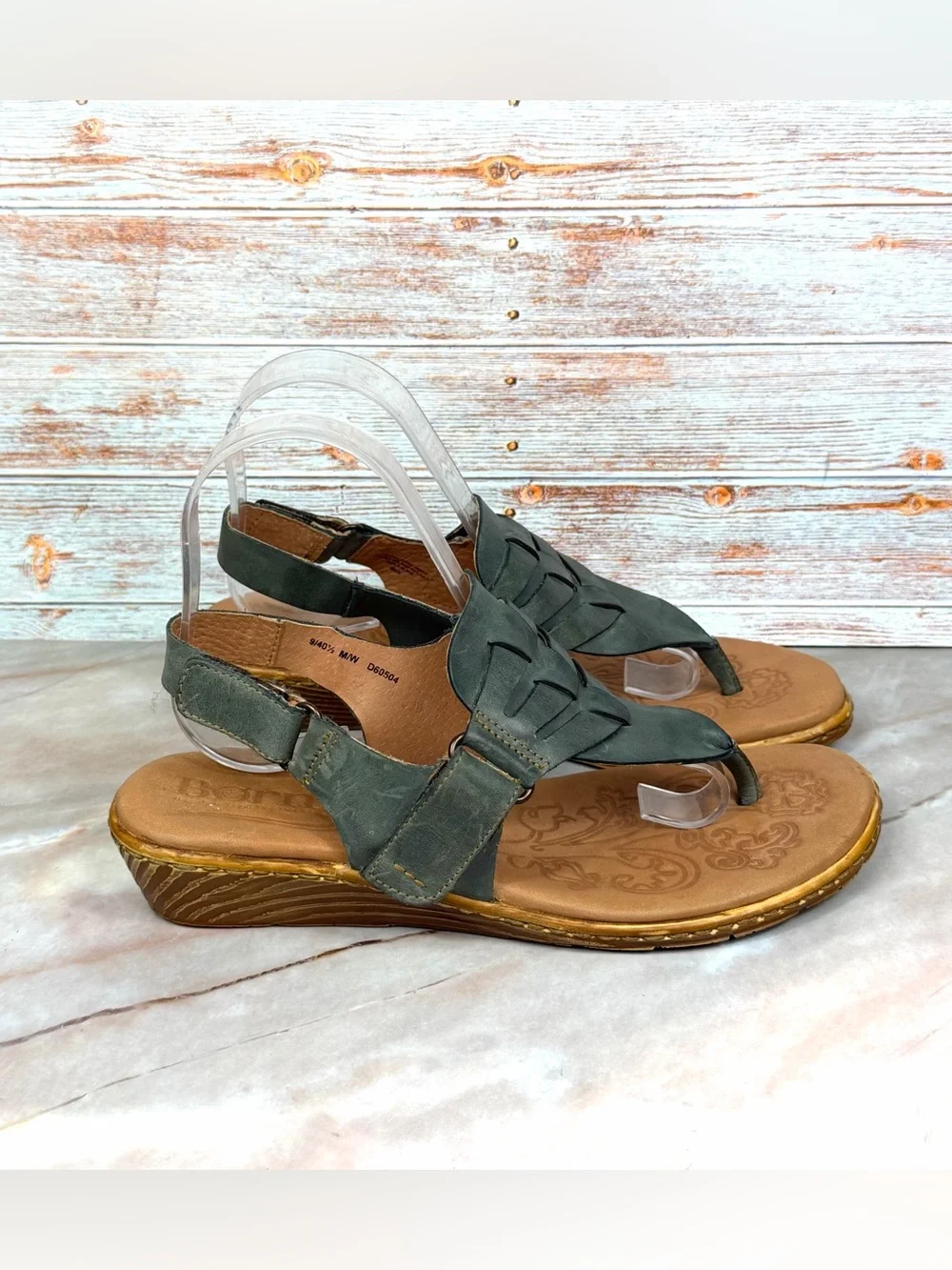 Born Karis Wedge Thong Slingback Sandals in Dark Sage Leather